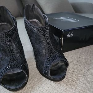 Peep toe black lace & rhinestone Bootie